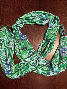 J.Jill Green Leaf Pattern Lightweight Scarf Fringe Cotton